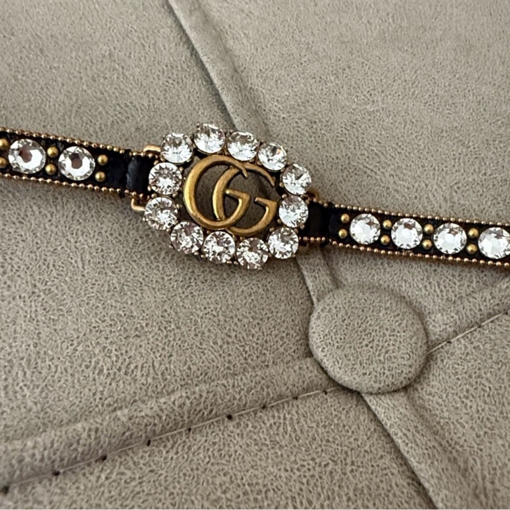 Gucci Calfskin Crystal Embellished Double G Choker Necklace Black - Picture 5 of 13